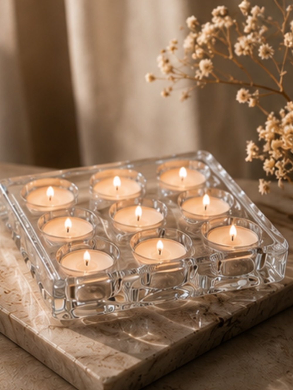 Heavy Clear Glass 9 Tealight Candle Holder Tray Centerpiece Decor